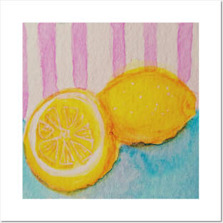 Watercolor lemons on blue table with striped pink background Posters and Art